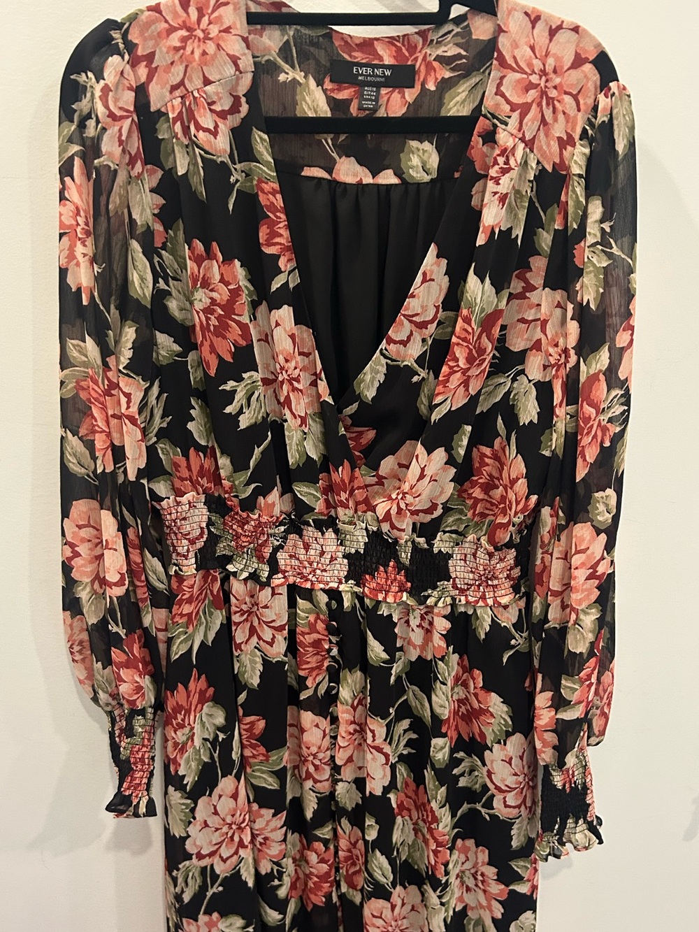 Ever New Black Floral Long Sleeve V-Neck Dress with Pink Blooms